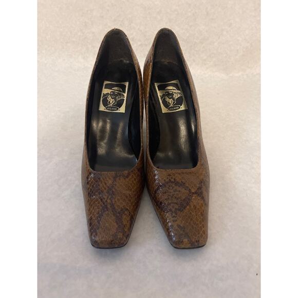 Juliana Leather Hollow Wedge Vintage Size 7.5 M Brown Snake Print Womens Pump - Picture 6 of 11